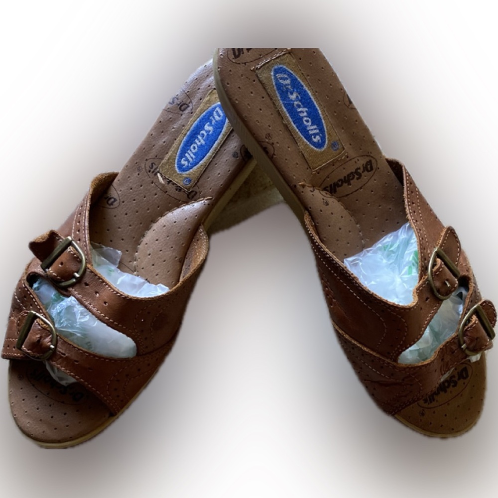 Dr. Scholl’s RARE VINTAGE Brown leather mules with rubber wedge soles, Size: 6.5